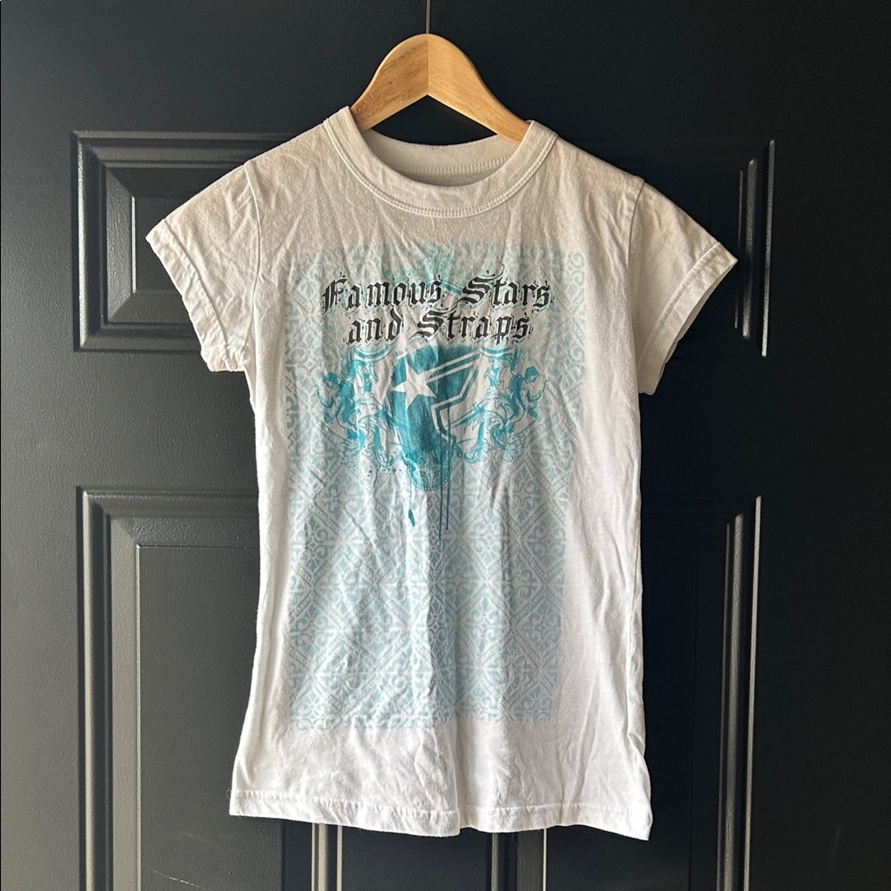 Famous Stars & Straps White Tee with Teal Star Graphic